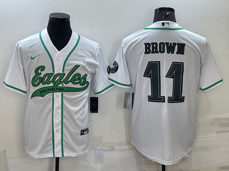 Men's White Philadelphia Eagles #11 A. J. Brown With Patch Cool Base Stitched Baseball Jersey